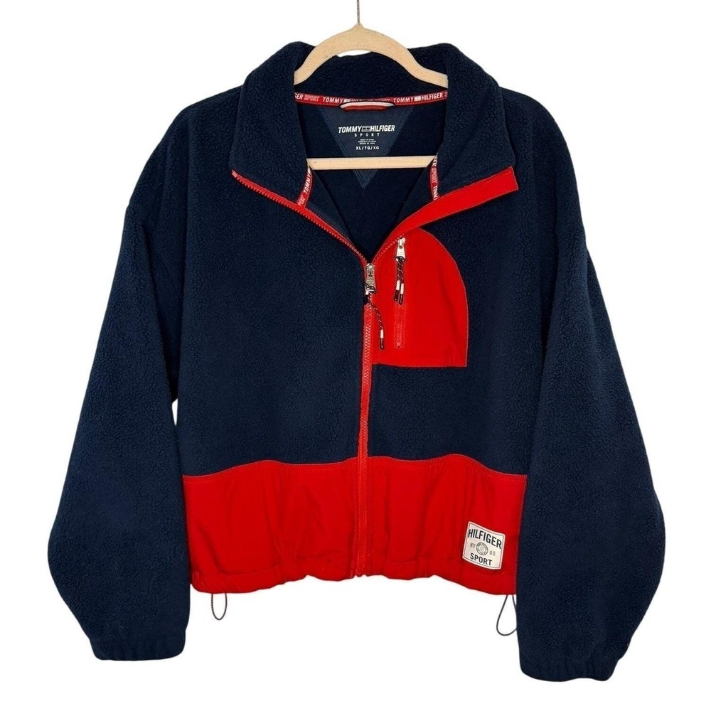 Tommy Hilfiger Fleece Jacket Women XL Navy Red Colorblock Sport Cropped Vintage